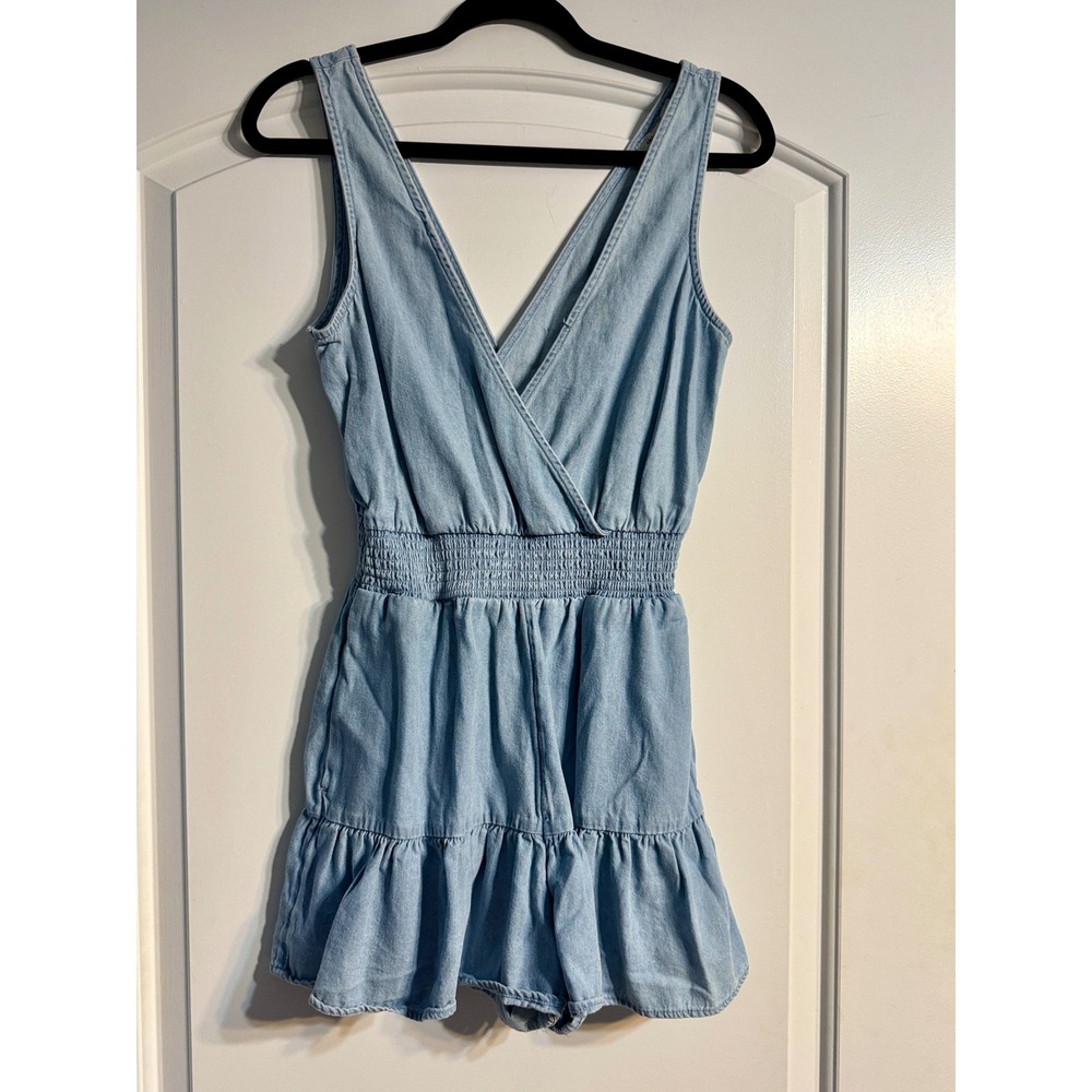 American Eagle Romper XS Petite Light Blue Smocked Ruffle Denim